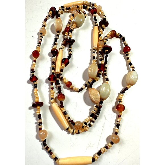 Extra Long Statement Boho Glass Bead Necklace Brown Cream Continuous 46" - Picture 1 of 5